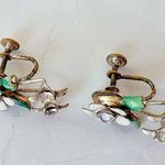 Vintage Flower Rhinestone Pink Flower Screwback Pierceless Statement Earrings Green Photo 5