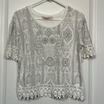 Desigual Women's  White Gray Cropped Lace S/S Shirt OWL Size Small EUC #CA-2415 Photo 1