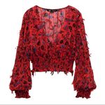 ZARA Red Floral Smocked Sheer Blouse Fringing Cropped Top Long Sleeve Size XS Photo 14