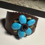 Handmade Hand Crafted Leather Like Turquoise Color Flower Cuff Bracelet 7 1/4 In Brown Photo 4