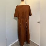 ZARA  New Beach Bohemian Linen Blend Brown Beaded Tunic Round Neck Dress Size L‎ Photo 4