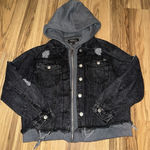 Thrill Denim Hoodie Jacket Women's L Large Hooded Long Sleeve Zip Distressed Gray Photo 0