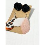 Leopard Print Vegan Leather Dangle & Rose Stud Earrings‎ Orange & Black 2 Pairs Black Photo 6