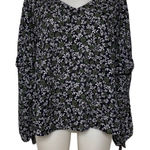 Mystree  Boho Navy Green Floral Tassel Sleeve V-Neck Blouse Size L Photo 0