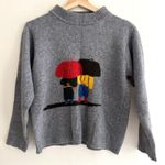 VINTAGE Hand Knit Sweater Friends Under Umbrellas Size Small Gray Photo 0