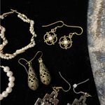 Five Pair Vintage to Modern Preloved Brass Gold tone earring Set White Photo 2