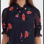 DKNY  Party Floral Navy and Pink Flower Bow neck Ruffle Sheer Sleeves Mini Dress Photo 14