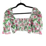 Hill House Womens The Isabella Top Crop Smocked Puff Sleeve Pink Roses White M Photo 2