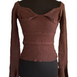 Knit Mix Brown Sweetheart Neck Crop Top Ribbed Sweater Bell Sleeve Sz S Photo 0