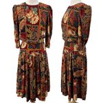 Vintage 80s Floral Paisley Patchwork Print Midi Dress Cinched Waist Blouson 8 Red Photo 2