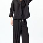 Uniqlo Shirt Womens XS Relaxed Black 100% Linen Skipper Collar Popover ¾ Sleeve Photo 1