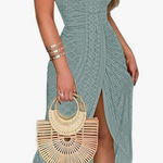 NEW Sage Green Halter Dress A Line Eyelet Crochet Midi Dress M Size M Photo 0