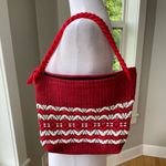 Vintage Handmade Red Black White Woven Fisherman Bag Rope Handles Brass Zipper Photo 7