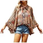 HOPE Boho Sheer Printed Cape Poncho Top Tan Tie Neck Ruffle Hem Festival Hippie Orange Size undefined Photo 0