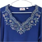 Quacker Factory  Blue Floral Embroidered Rhinestone 3/4 Sleeve Knit Top Size XL Photo 2