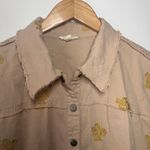 Mystree Shirt Women Size M Button Up Tan Gold Floral Embroidery Cotton Raw Seams Photo 5