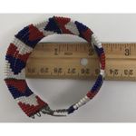 Beautiful Native American Metal and Beaded Cuff Bracelet Red Blue White Photo 7