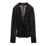 ZARA Ruched Sexy Lace Elegant Black Long Sleeve With Gold Touch Women's blouse Photo 6