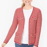 Talbots Tipped Tweed Sweater Jacket Medium Knit Blazer Red White Pockets Medium Photo 0