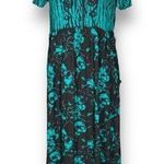 Vintage 90s Maxi Dress Green Black Floral Detail Short Sleeve Deep Vneck Flowy Size 6 Photo 0