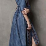 Keer Qiaowa Bohemian Cross Stitch Button Down Denim Knee Length Dress Blue Photo 14