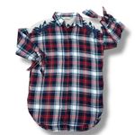 ZARA Plaid Flannel Embroidered Lace Shoulder Mini Shirt Dress Blue Red Large Photo 11