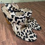 Yves Saint Laurent Heeled Sandals Size 39.5 Leopard Cow Print Canvas Wood‎ Heel Black Photo 3