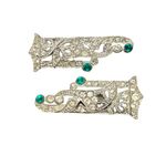 1930s Art Deco Rhinestone Dress Clips Pair w/ Emerald Glass Cabochons Shoe Clips Silver Photo 7