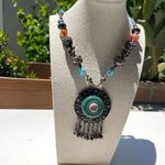 Vintage Boho Tribal Medallion Pendant Necklace Carnelian Turquoise Multistone Blue Photo 4