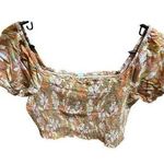 Aerie  Peasant Square Neck Smocked Top With Floral Pattern & Puff Sleeves Size L Photo 0