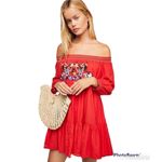 Free People Sunbeams Mini Dress Off the Shoulder Smocked Embroidered Red XS New Photo 11