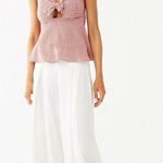 Red Orange, White, Black Striped Knotted Tie-Front Low Cut Tank Top Photo 4