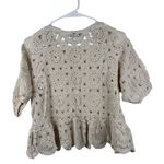 ZARA  Crochet Small Round Medallion Peplum Top Short Sleeve Cream Beige  White Photo 6