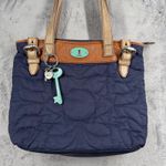 Fossil  Quilted Tote Bag Navy Blue Leather Trim Floral Accent Key Charm Photo 2