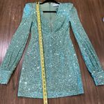 Mac Duggal Ieena for  26865 Sequin bishop long Sleeve sequin mini Dress green 0 Photo 8