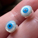 Evil Eye Shell And Turquoise solid Sterling Silver Stud Earrings Blue Photo 0
