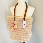 btb Los Angeles Lucy Tote, Straw Woven Pom Pom Vacation Beach Bag, Natural, NWT Tan Photo 1