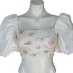 ZARA Poplin White Floral Puff Sleeve Smocked Crop Top, Sz XS Photo 5