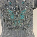 Apt. 9  Gray Ribbed Top with Turquoise and Rhinestone Butterfly Whimsigoth Photo 3