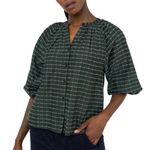Apiece Apart  Mitte Puff Sleeve Striped Top Blouse Cotton Silk Forest Green Small Photo 2