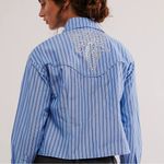 Free People  X Understated Rockabilly Western Studded Snap Shirt Blue Striped XL Photo 3