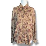 Vintage 90s Top Tan Maroon Silk Paisley Button Front Long Sleeve Dark Floral 6 Photo 1