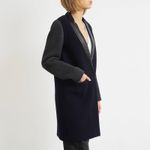 Sandro  Women’s Mid-Long Wool Coat Leather Trim Navy & Gray Size 36 Photo 1