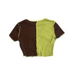 SheIn Blouse Women's Small Green Brown Short Sleeve Crop Top Patchwork Crew Neck Photo 5