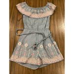 Savanna Jane off the shoulder Romper Blue Shimmer mettalic Floral Embroidered S Photo 1