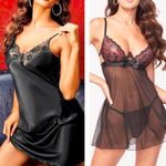 Yandy Bundle of Two Lingerie Sets - Red Lace Babydoll & Black Satin Chemise L/XL Photo 1
