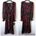 DKNY  Floral Long Sleeve Faux Wrap Dress Black Red Metallic 6 Photo 2