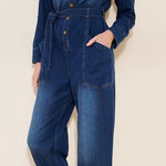 Anthropologie Pilcro Long Sleeve Belted Collared Denim Jumpsuit Coveralls Small Photo 0