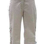 Cache Beige Coated Cotton Self Belt Lace Up Bottom Capri Pant Stretch $118 NWT Photo 0
