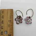 Enamel Cloisonne Pansy Flower Dangle Earrings Pearl Center, Floral Drop Earrings Purple Photo 1